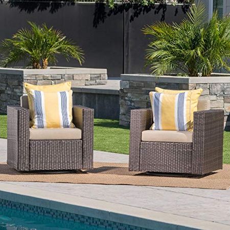 Christopher Knight Home Puerta Outdoor Wicker Swivel Club Chairs with Water Resistant Cushions, 2-Pcs Set, Dark Brown / Beige