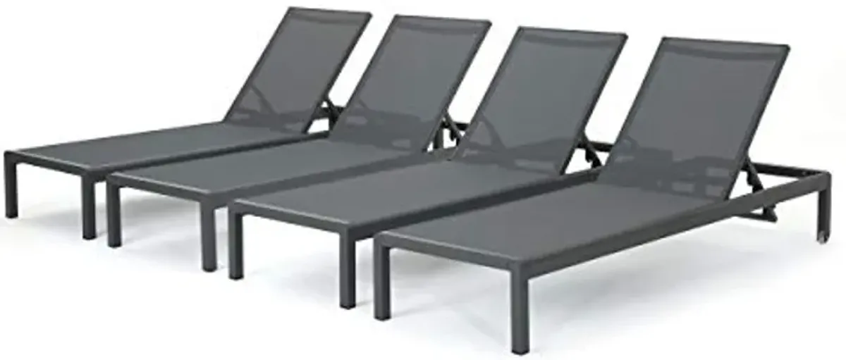 Christopher Knight Home Coral Bay Outdoor Aluminum Chaise Lounges with Mesh Seat, 4-Pcs Set, Grey / Dark Grey