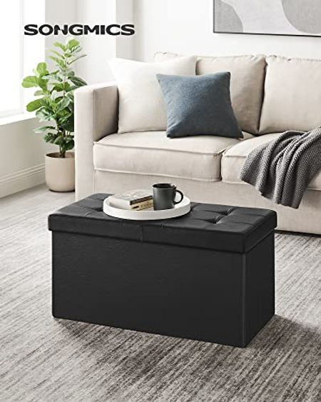 SONGMICS 30 Inches Folding Storage Ottoman Bench with Flipping Lid, Storage Chest Footstool, Faux Leather, Black ULSF45BK,15 × 30 × 15 inches