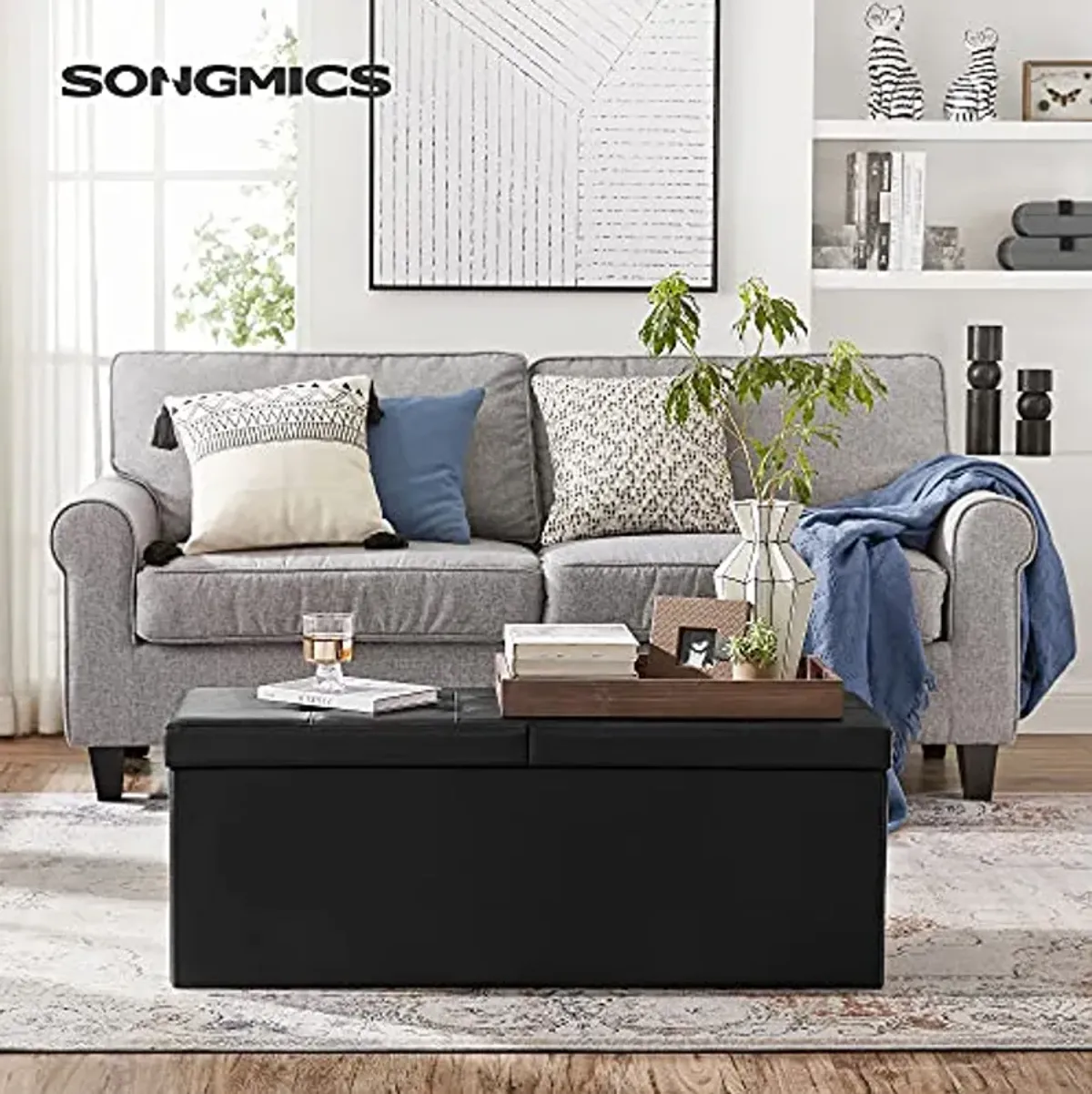 SONGMICS 43 Inches Folding Storage Ottoman Bench with Flipping Lid, Storage Chest Footrest Padded Seat with Iron Frame Support, Black ULSF75BK