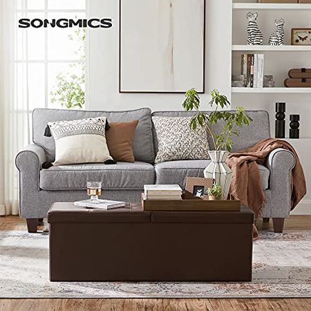SONGMICS 43 Inches Folding Storage Ottoman Bench with Flipping Lid, Storage Chest Footrest Padded Seat with Iron Frame Support, Brown ULSF75BR