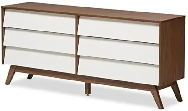 Baxton Studio Hildon Modern 6-Drawer Storage Dresser Mid-Century/Particle Board/MDF with PU Paper/White/Walnut Brown