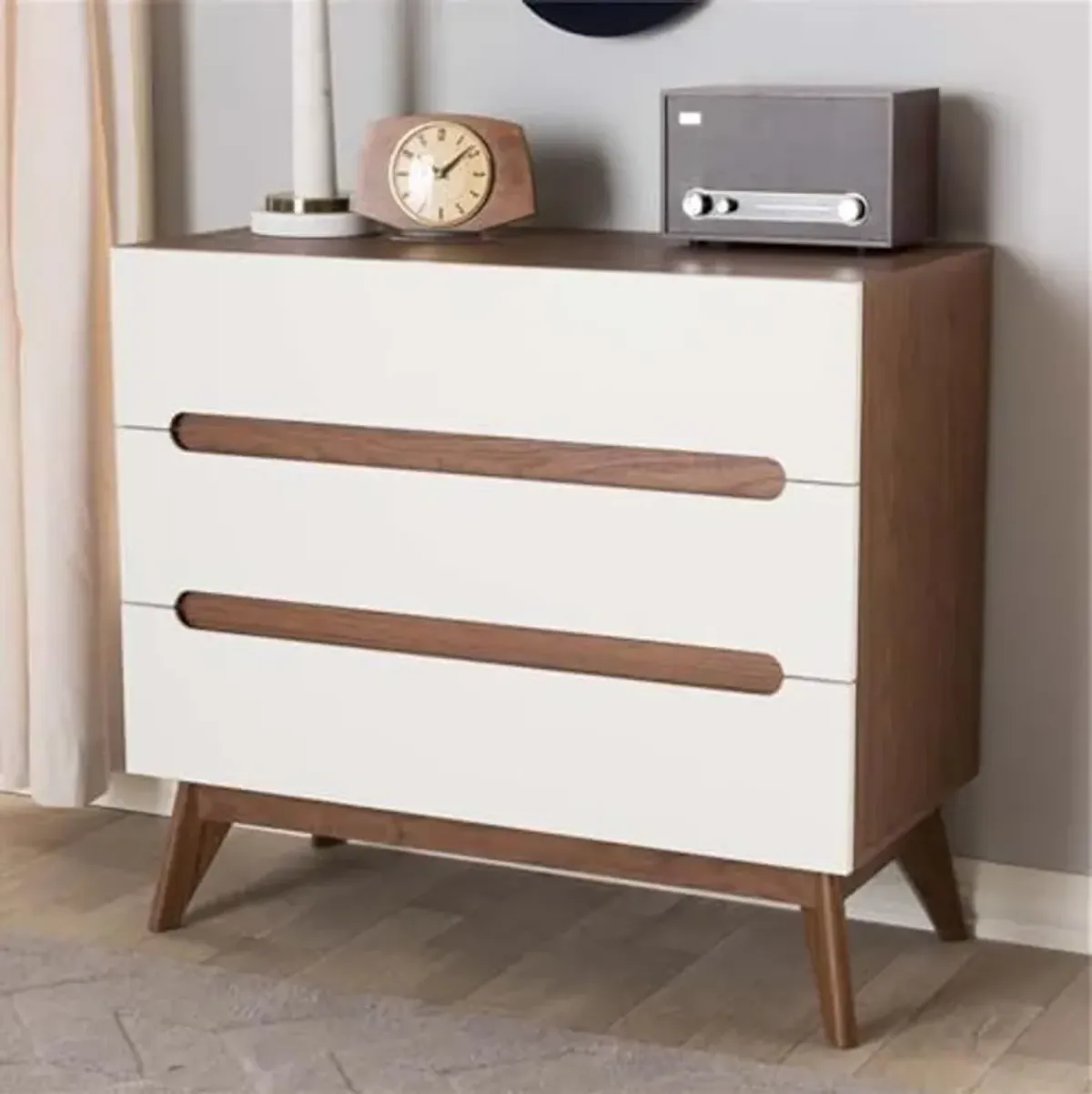 Baxton Studio Calypso Mid-Century Modern White and Walnut Wood 3-Drawer Storage Chest/Mid-Century/Particle Board/MDF with PU Paper/White/Walnut Brown