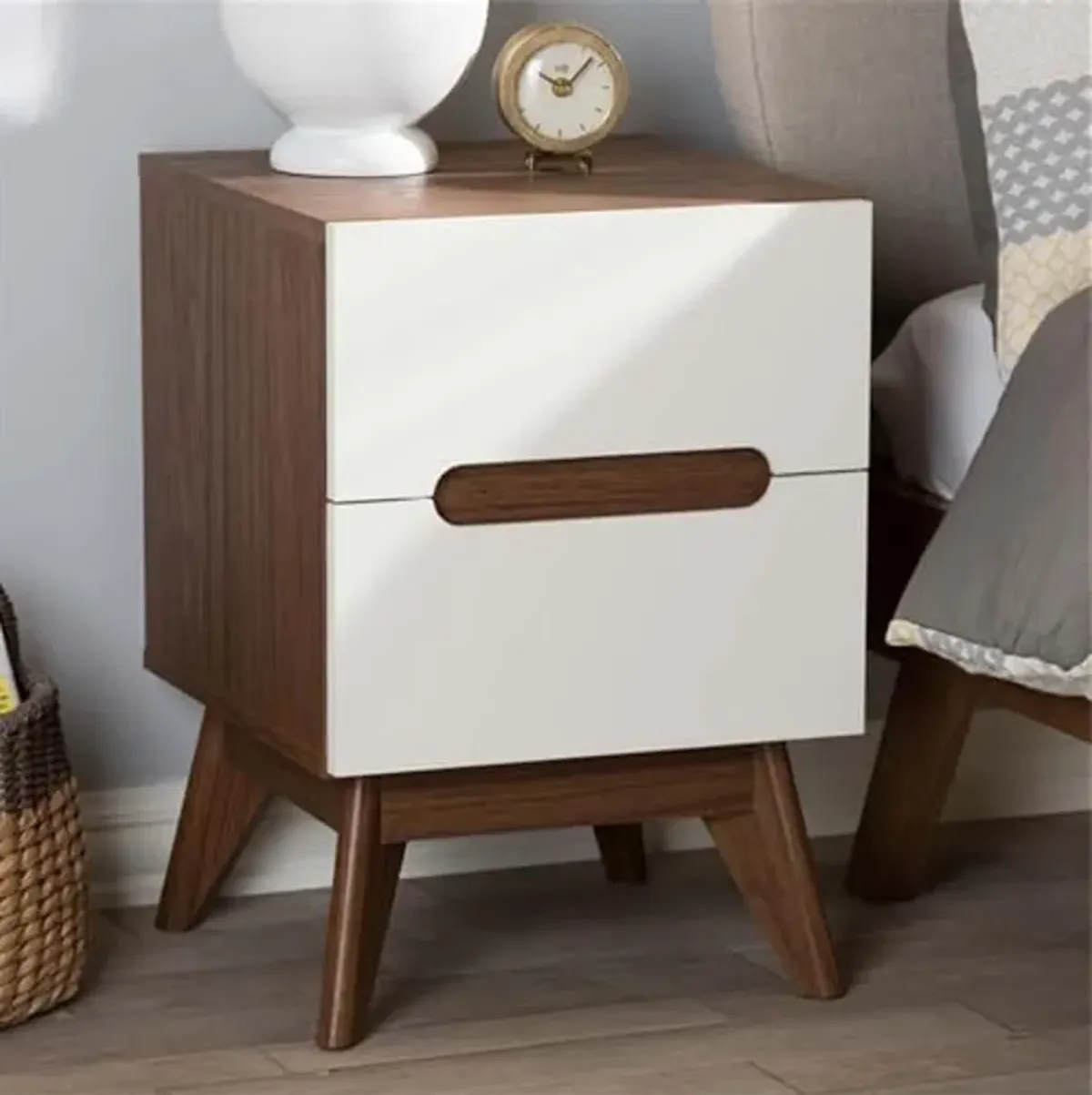 Baxton Studio Calypso Mid-Century Modern White and Walnut Wood 3-Drawer Storage Nightstand/Mid-Century/Particle Board/MDF with PU Paper/White/Walnut Brown