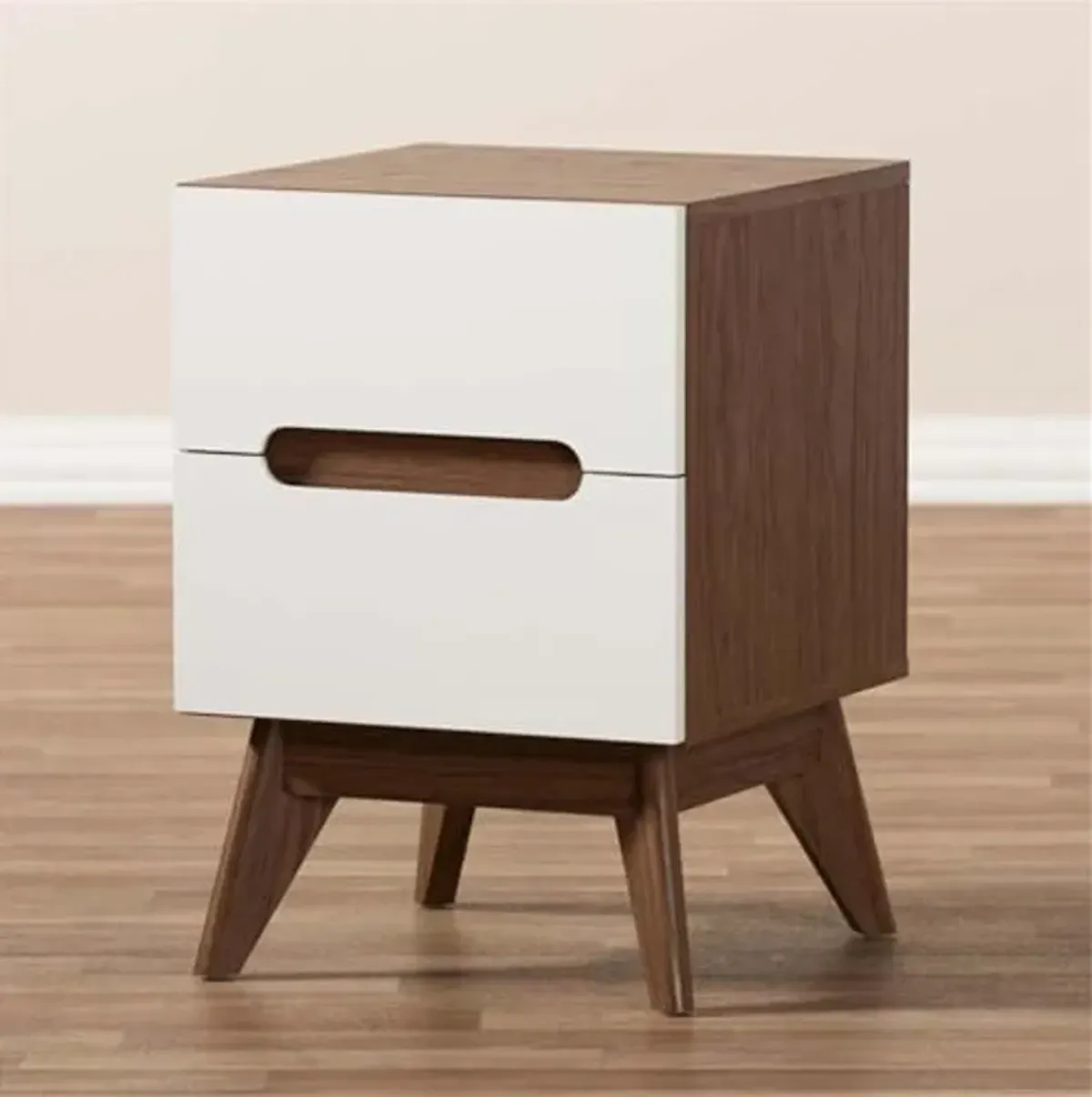 Baxton Studio Calypso Mid-Century Modern White and Walnut Wood 3-Drawer Storage Nightstand/Mid-Century/Particle Board/MDF with PU Paper/White/Walnut Brown