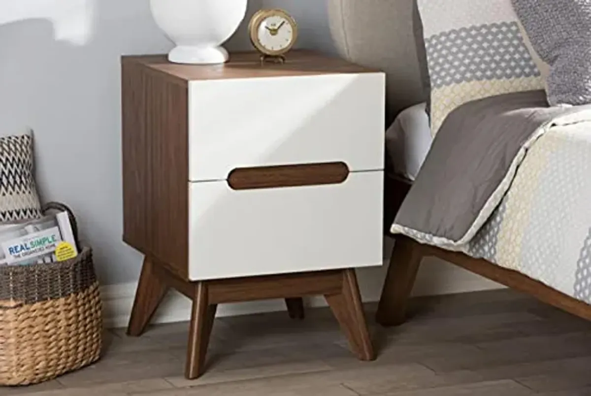 Baxton Studio Calypso Mid-Century Modern White and Walnut Wood 3-Drawer Storage Nightstand/Mid-Century/Particle Board/MDF with PU Paper/White/Walnut Brown