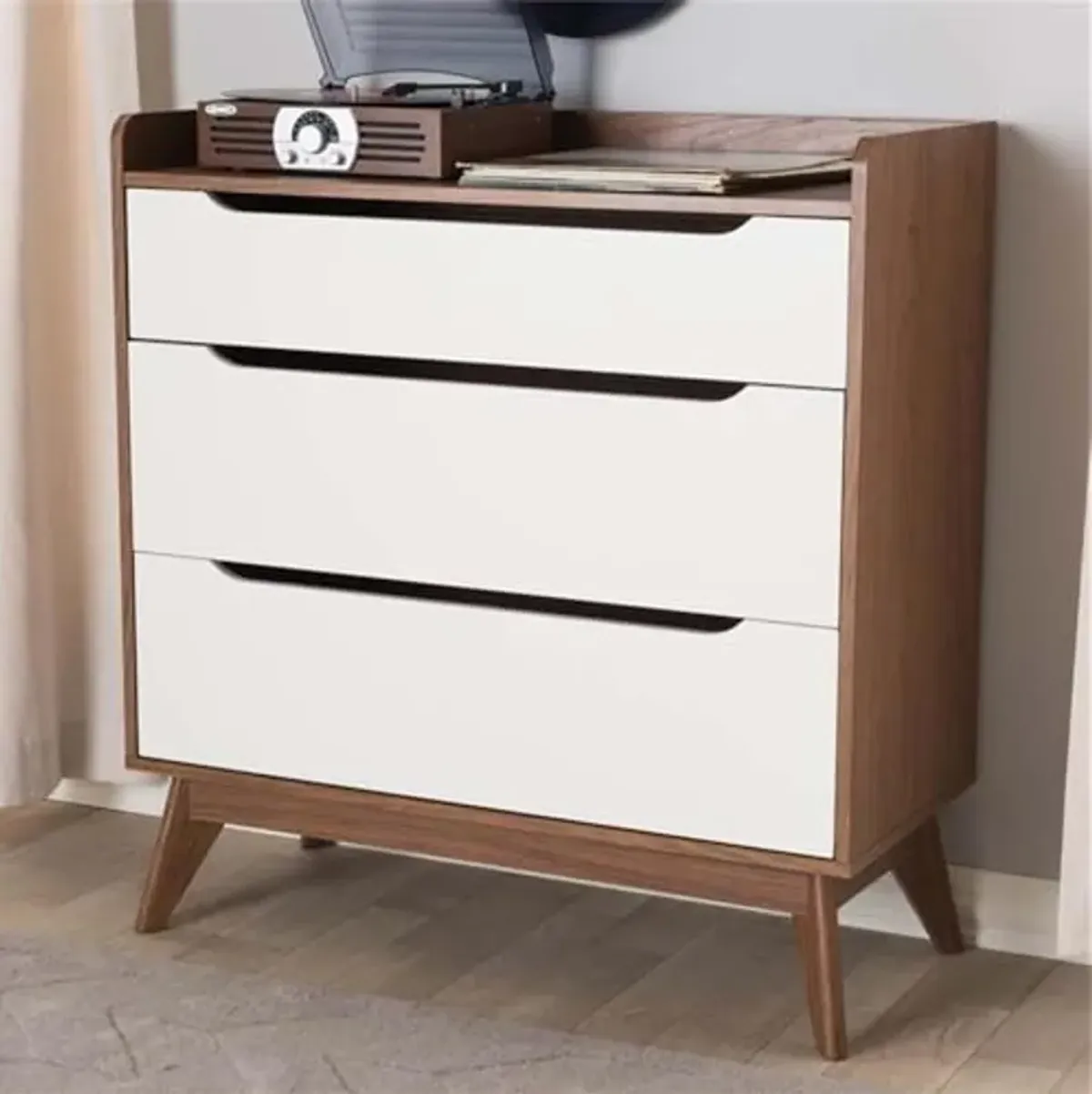 Baxton Studio Brighton 3-Drawer Storage Chest/Mid-Century/Particle Board/MDF with PU Paper/White/Walnut Brown