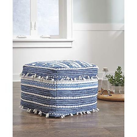 Signature Design by Ashley Anthony Cotton Woven Pouf, 20 x 16 In, Blue & White