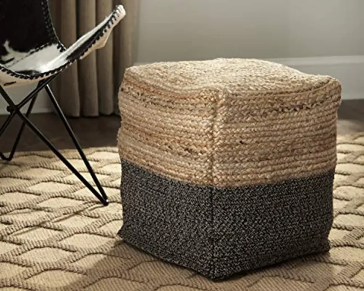 Signature Design by Ashley Sweed Valley Farmhouse Jute Braided Pouf, 17.5 x 20.25 inches, Natural & Black