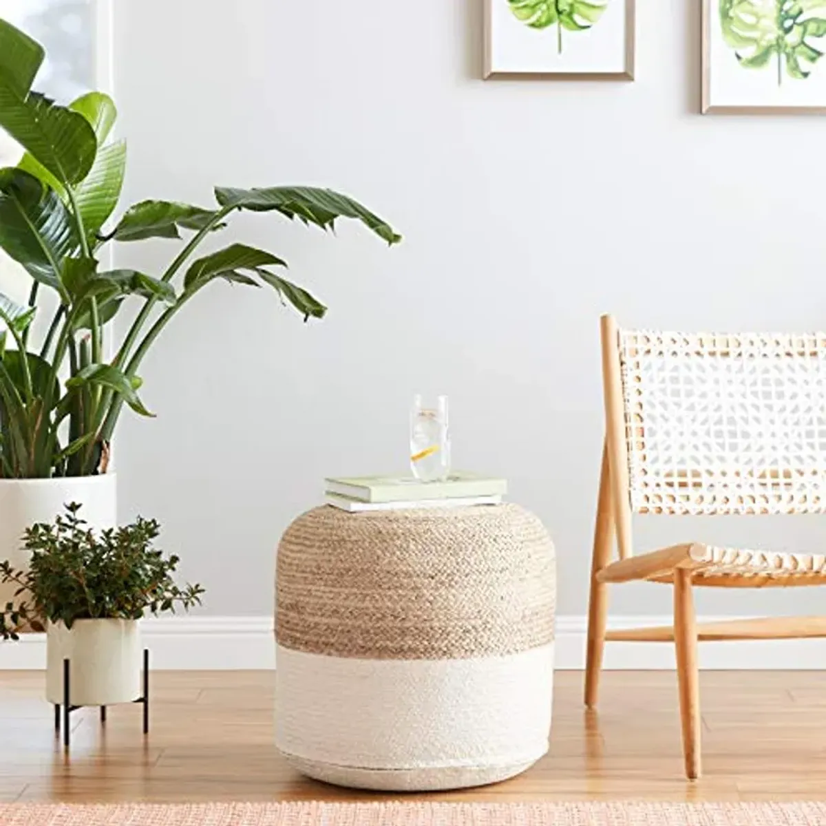 Signature Design by Ashley Sweed Valley Jute & Cotton Pouf, 19 x 19 Inches, Beige & White