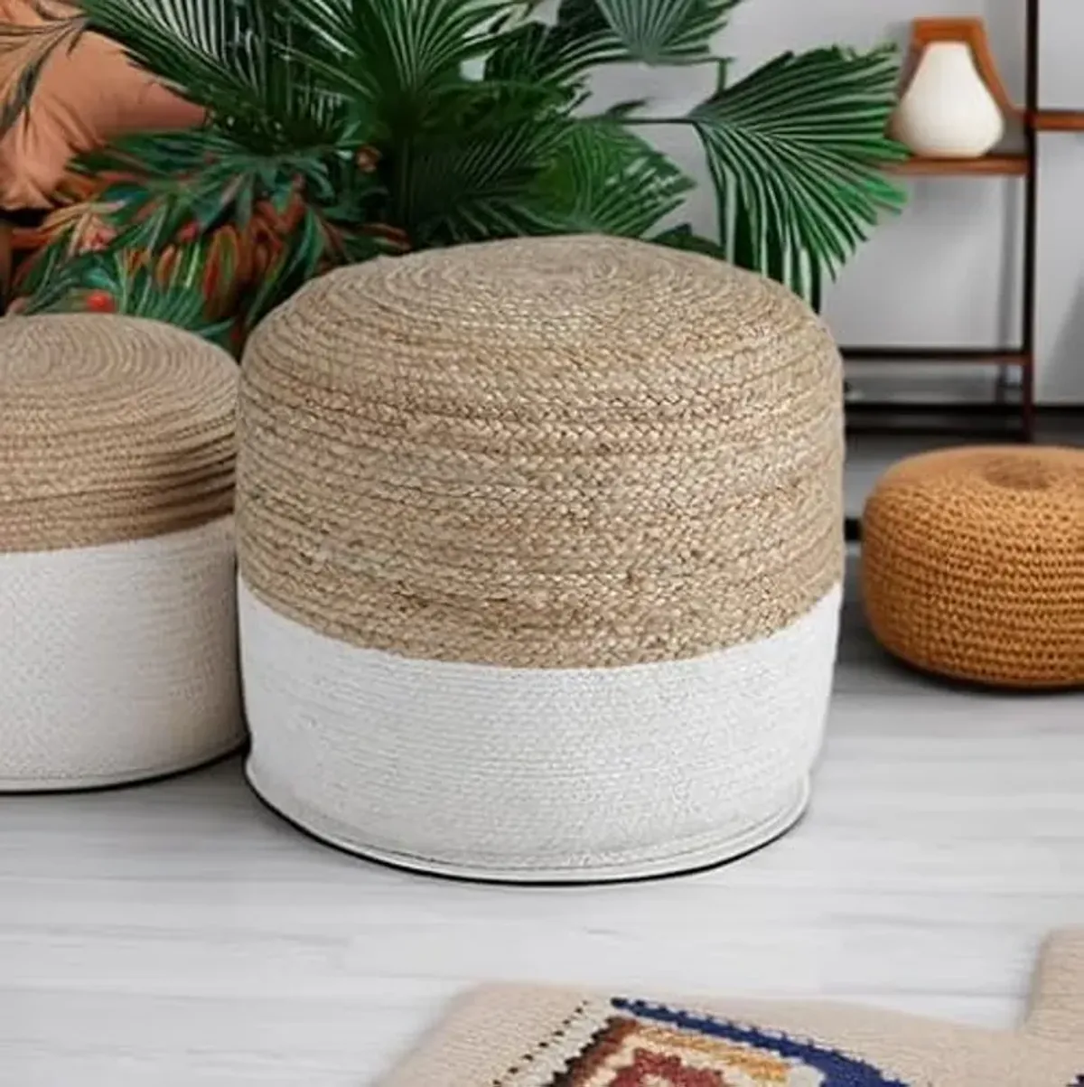 Signature Design by Ashley Sweed Valley Jute & Cotton Pouf, 19 x 19 Inches, Beige & White