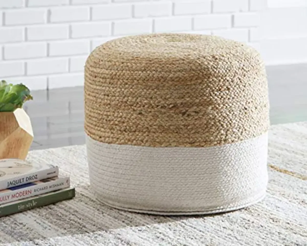 Signature Design by Ashley Sweed Valley Jute & Cotton Pouf, 19 x 19 Inches, Beige & White