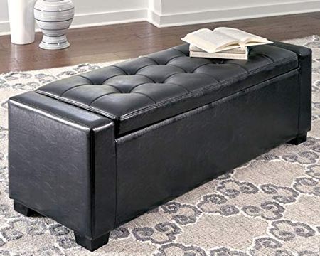 Signature Design by Ashley Contemporary Faux Leather Tufted Storage Bench with Lift Top, Black