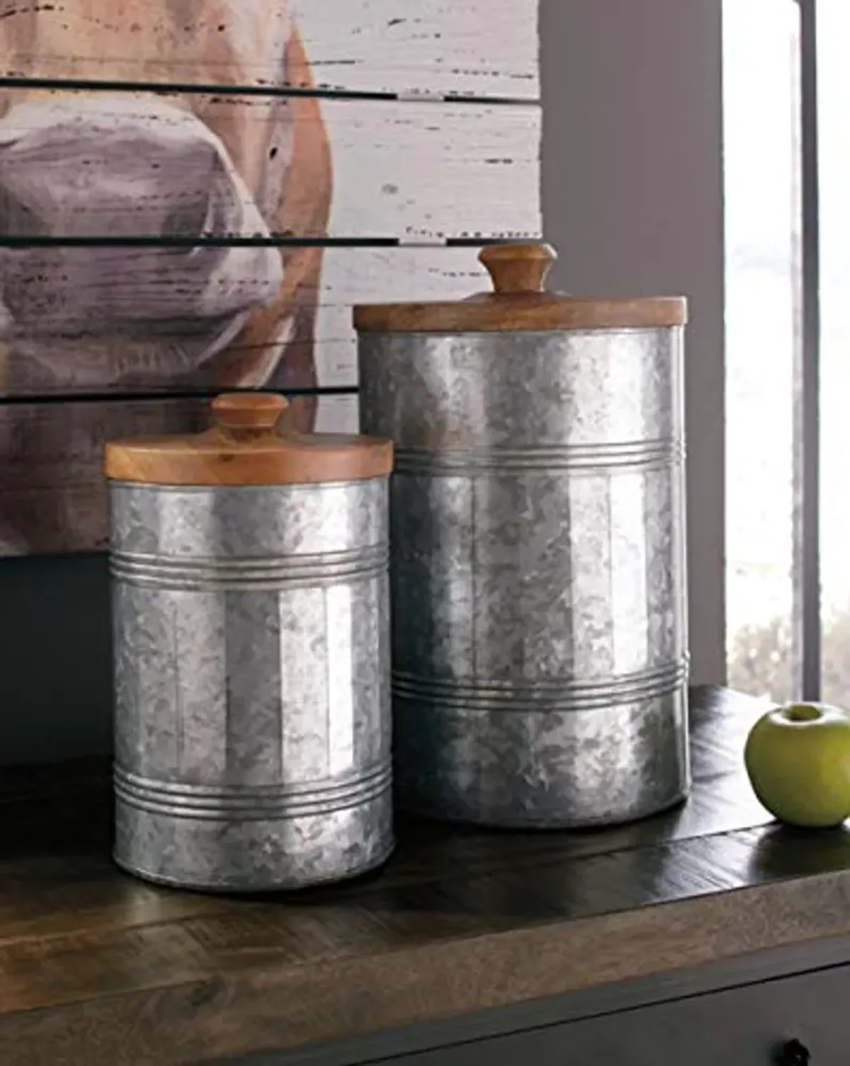 Signature Design by Ashley Divakar Industrial Farmhouse Galvanized Metal 2 Piece Jar Set, Gray