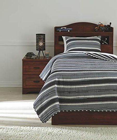 Signature Design by Ashley Merlin Contemporary Striped Design Reversible Twin Coverlet with One Pillow Sham Set, Gray, White