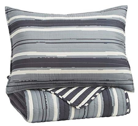 Signature Design by Ashley Merlin Contemporary Striped Design Reversible Twin Coverlet with One Pillow Sham Set, Gray, White