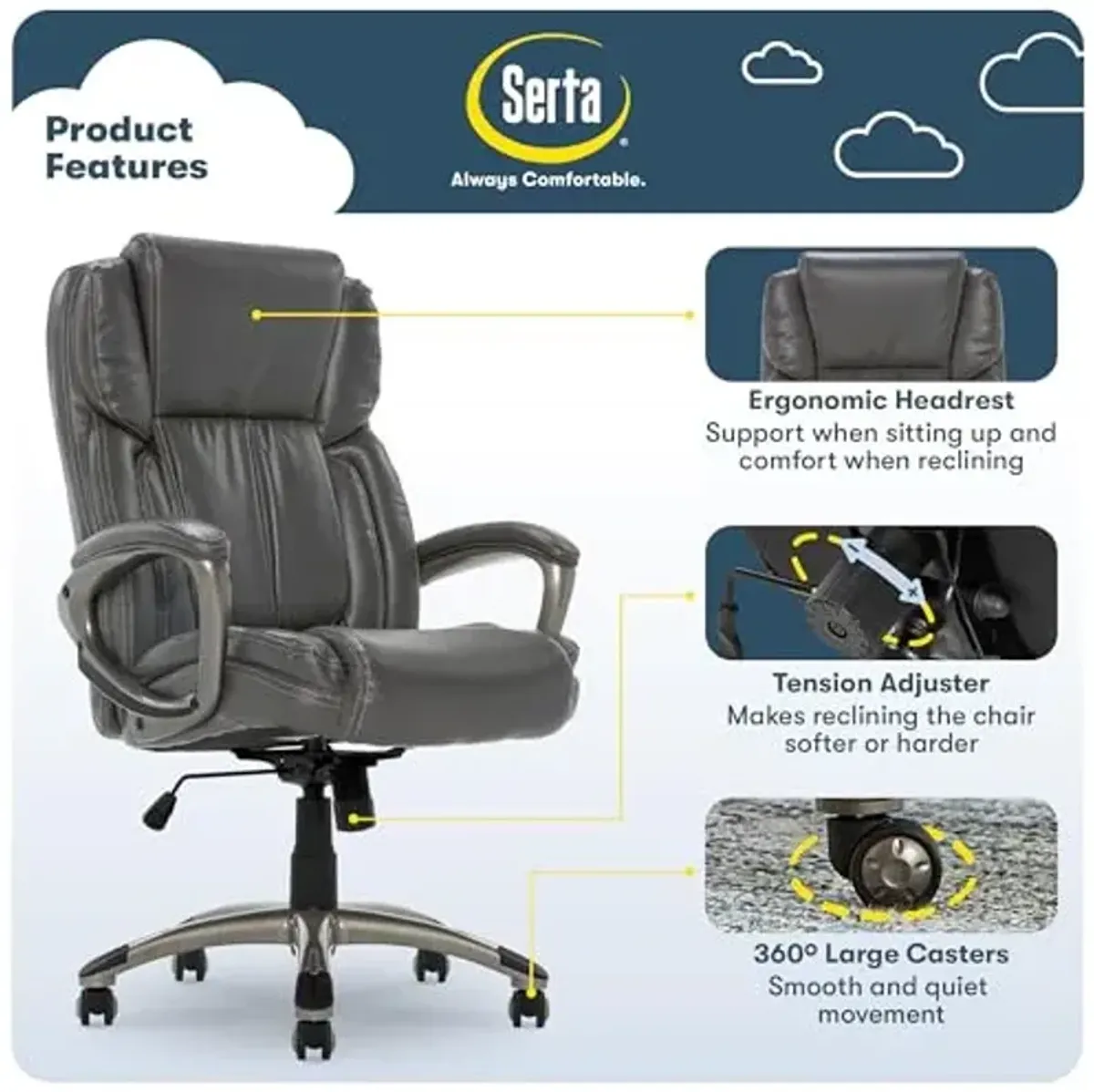 Serta Garret Executive Office Chair, Ergonomic Mid-Back with Lumbar Support, Semi-Plush Cushion and Body Pillows, Padded Armrests, Swivel Base, Bonded Leather, Gray