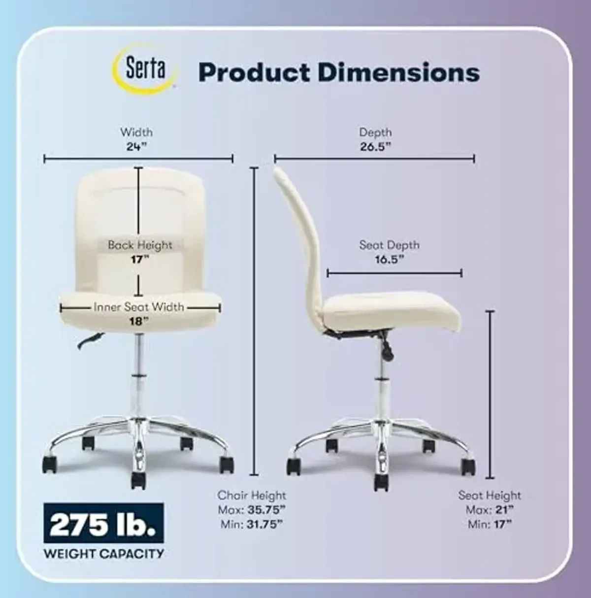 Serta Essential Armless TaskChair, Small Desk Chairs with Wheels, Breathable Mesh Back and Faux Leather, Quality Foam Cushion Seat for Comfort, Minimal Design for Vanity Table, Cream White