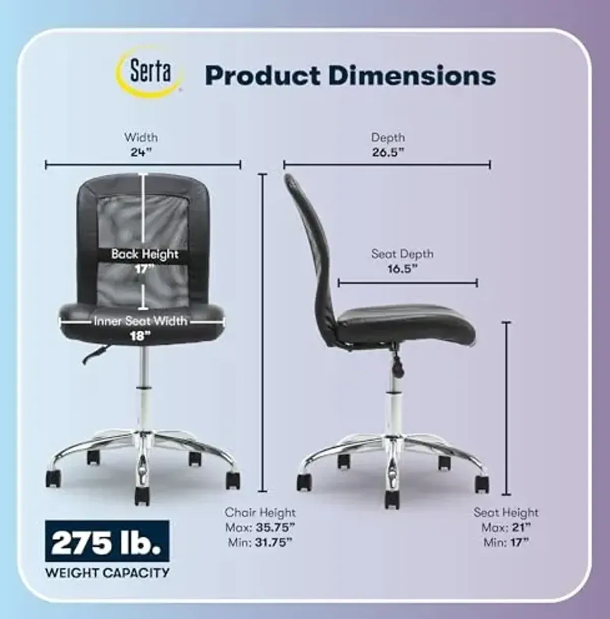 Serta Essential Armless TaskChair, Small Desk Chairs with Wheels, Breathable Mesh Back and Faux Leather, Quality Foam Cushion Seat for Comfort, Minimal Design for Vanity Table, Black
