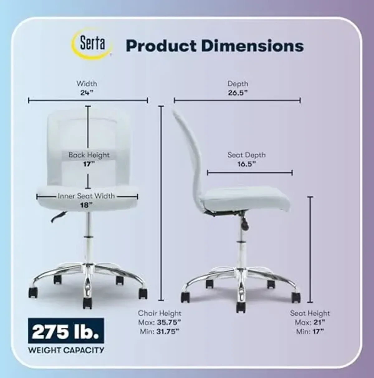 Serta Essential Armless TaskChair, Small Desk Chairs with Wheels, Breathable Mesh Back and Faux Leather, Quality Foam Cushion Seat for Comfort, Minimal Design for Vanity Table, Sky Blue