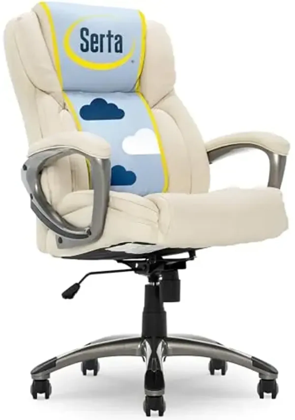 Serta Garret Executive Office Chair, Ergonomic Mid-Back with Lumbar Support, Semi-Plush Cushion and Body Pillows, Padded Armrests, Swivel Base, Bonded Leather, Ivory White