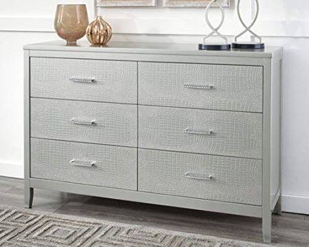 Signature Design by Ashley Olivet Glam 6 Drawer Dresser with Faux Shagreen Drawer Fronts, Silver