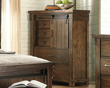 Signature Design by Ashley Lakeleigh Rustic Industrial 5 Drawer Chest with Sliding Barn Door, Dark Brown