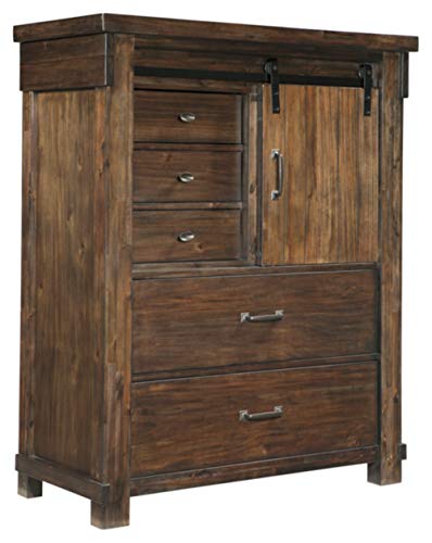 Signature Design by Ashley Lakeleigh Rustic Industrial 5 Drawer Chest with Sliding Barn Door, Dark Brown