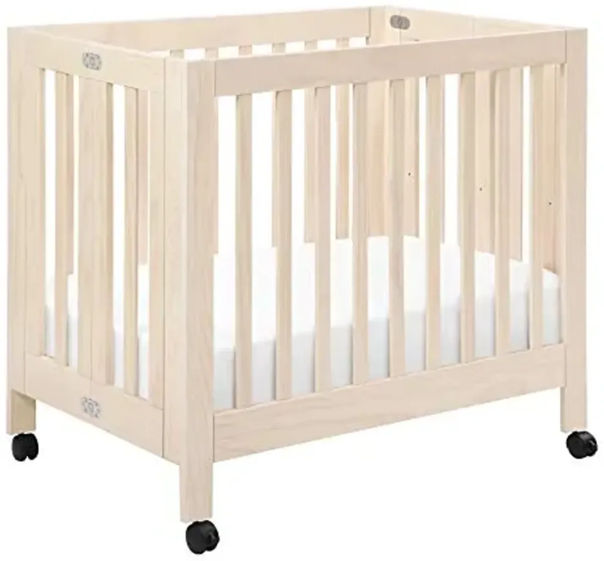 Babyletto Origami Mini Portable Crib Folding with Wheels in Washed Natural, 2 Adjustable Mattress Positions, Greenguard Gold Certified