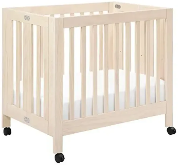 Babyletto Origami Mini Portable Crib Folding with Wheels in Washed Natural, 2 Adjustable Mattress Positions, Greenguard Gold Certified