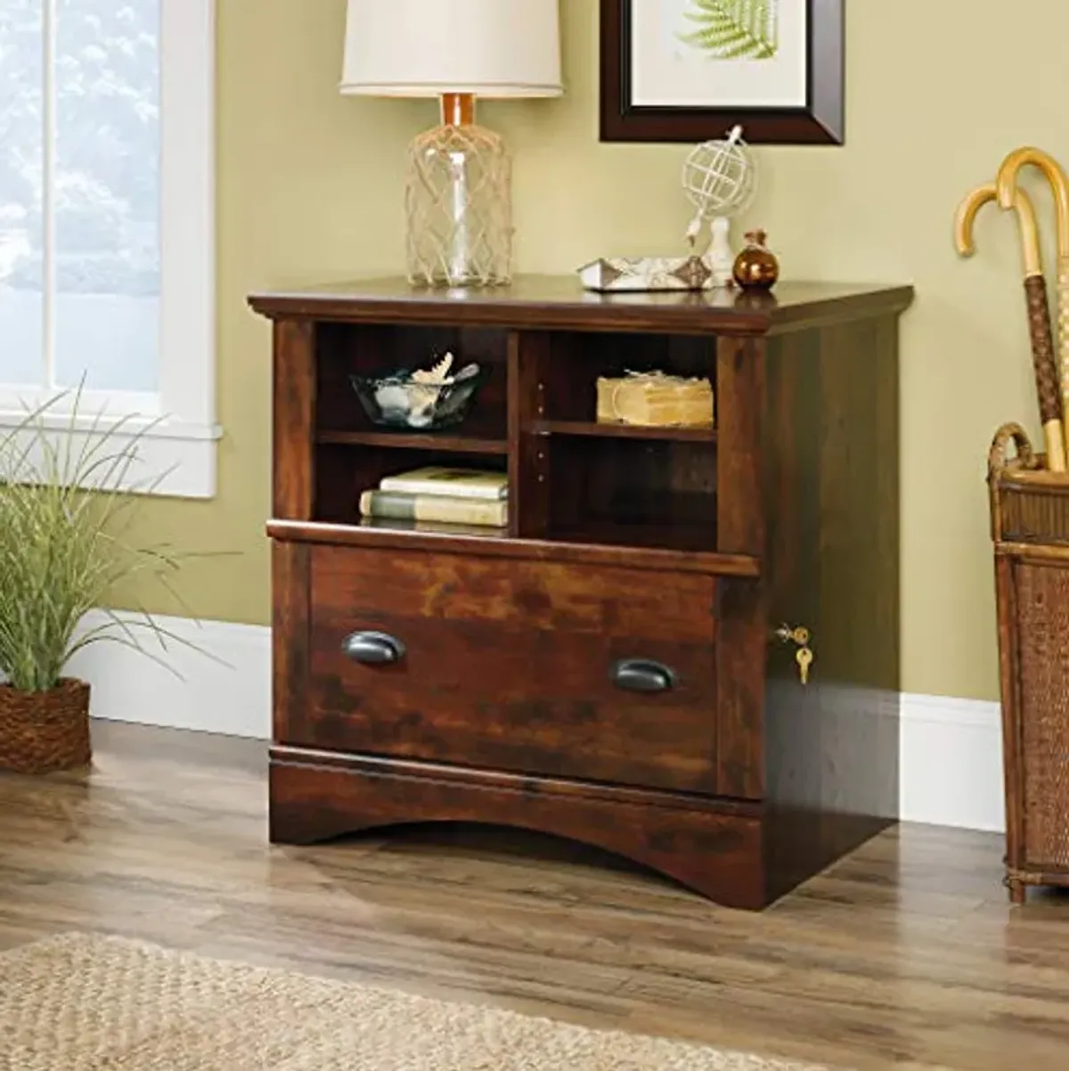 Sauder Harbor View 2 Drawer File Cabinet, Lateral Filing Cabinet with Shelving, in Curado Cherry