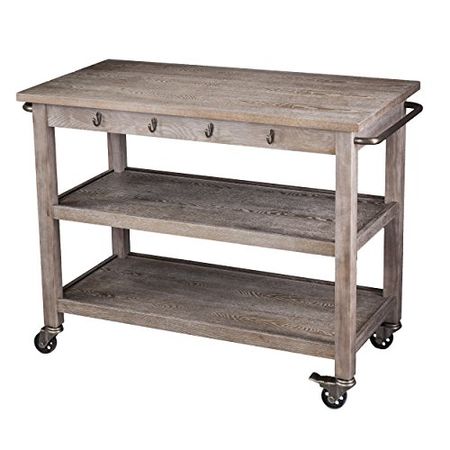 SEI Furniture 3-Tier Kitchen Hooks and Towel Bar Cart, Whitewashed Burnt Oak and Antique Bronze