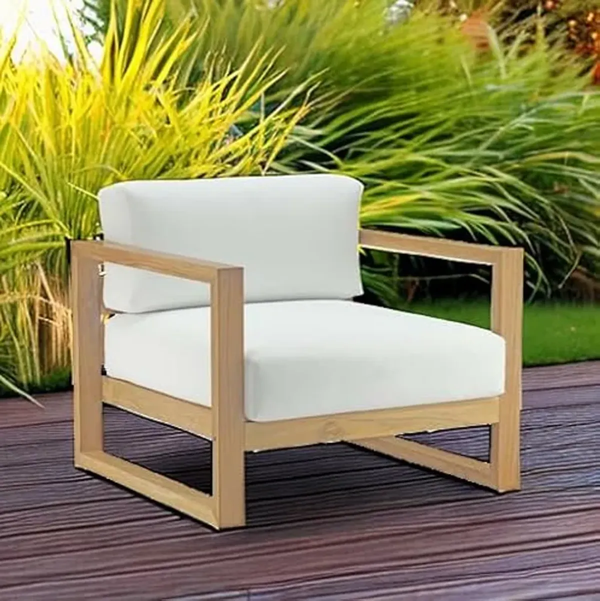 Modway Upland Teak Wood Outdoor Patio armchair with Cushions in Natural White