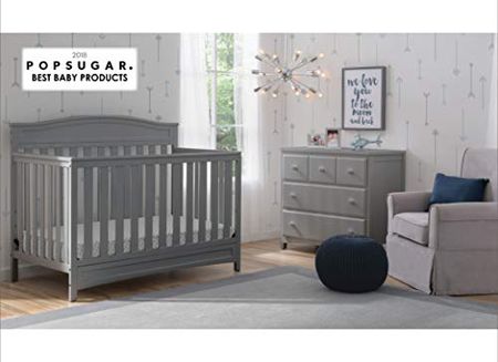 Delta Children Emery 4-in-1 Crib, Grey with Twinkle Stars Crib & Toddler Mattress