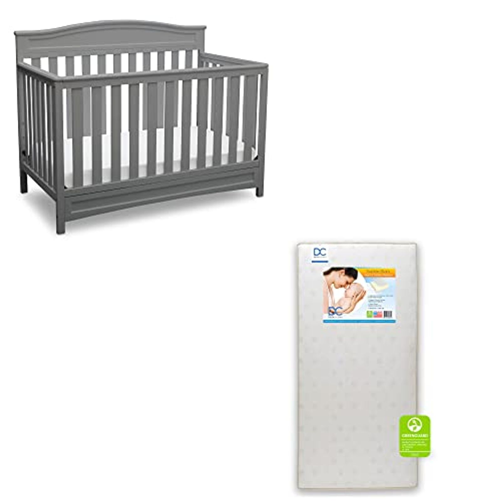 Delta Children Emery 4-in-1 Crib, Grey with Twinkle Stars Crib & Toddler Mattress