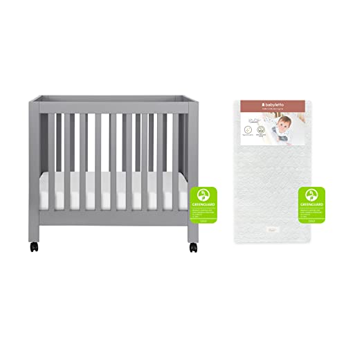 Babyletto Origami Mini Crib in Grey & Pure Core Non-Toxic Mini Crib Mattress with Hybrid Waterproof Cover Bundle