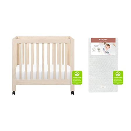 Babyletto Origami Mini Crib in Washed Natural & Pure Core Non-Toxic Mini Crib Mattress with Hybrid Waterproof Cover Bundle