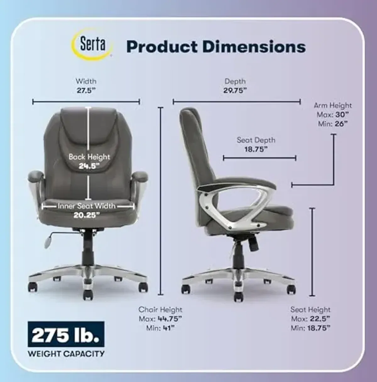 Serta Amplify Executive Office Chair with Faux Leather and Mesh, Adjustable Ergonomic Comfy Seat with Lumbar Support, Modern Computer DeskChairs, Swivel Rolling Wheels, Duo Gray