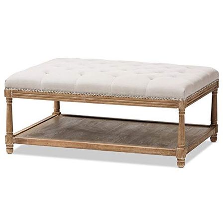 Baxton Studio Valensole French Country Weathered Oak Rectangular Coffee Table Ottoman, Beige Linen
