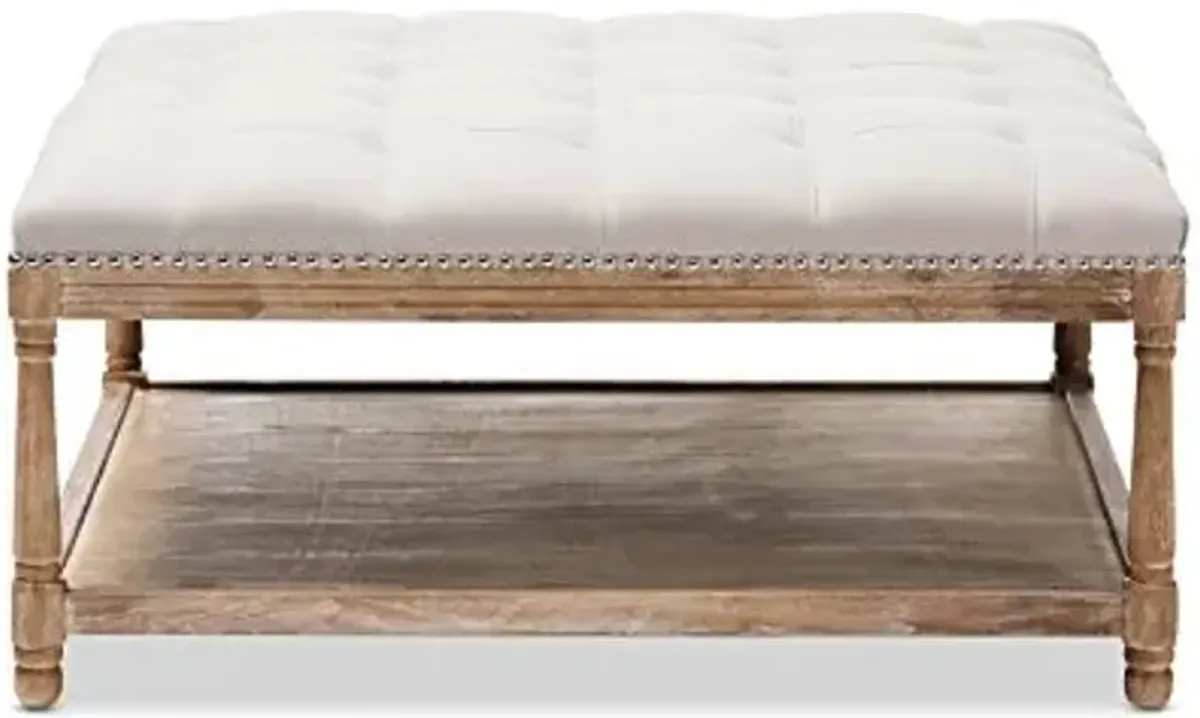 Baxton Studio Valensole French Country Weathered Oak Rectangular Coffee Table Ottoman, Beige Linen