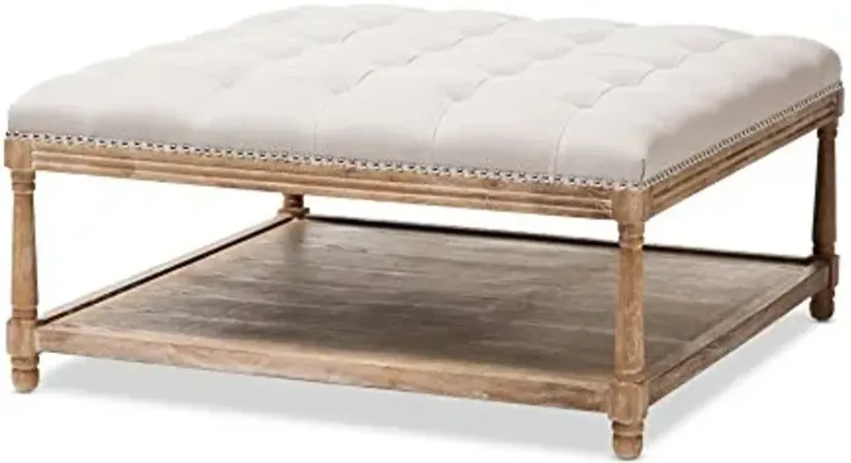 Baxton Studio Valensole French Country Weathered Oak Rectangular Coffee Table Ottoman, Beige Linen