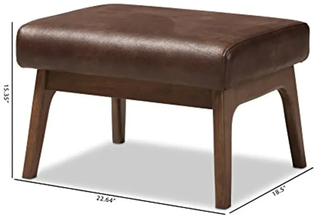 Baxton Studio Birk Mid-Century Modern Walnut Wood Dark Brown Distressed Faux Leather Ottoman