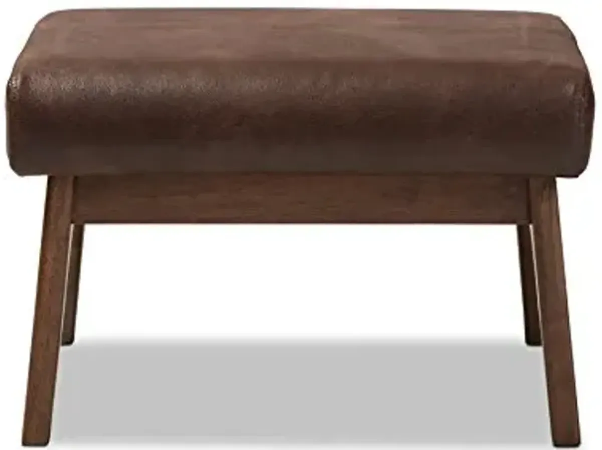 Baxton Studio Birk Mid-Century Modern Walnut Wood Dark Brown Distressed Faux Leather Ottoman
