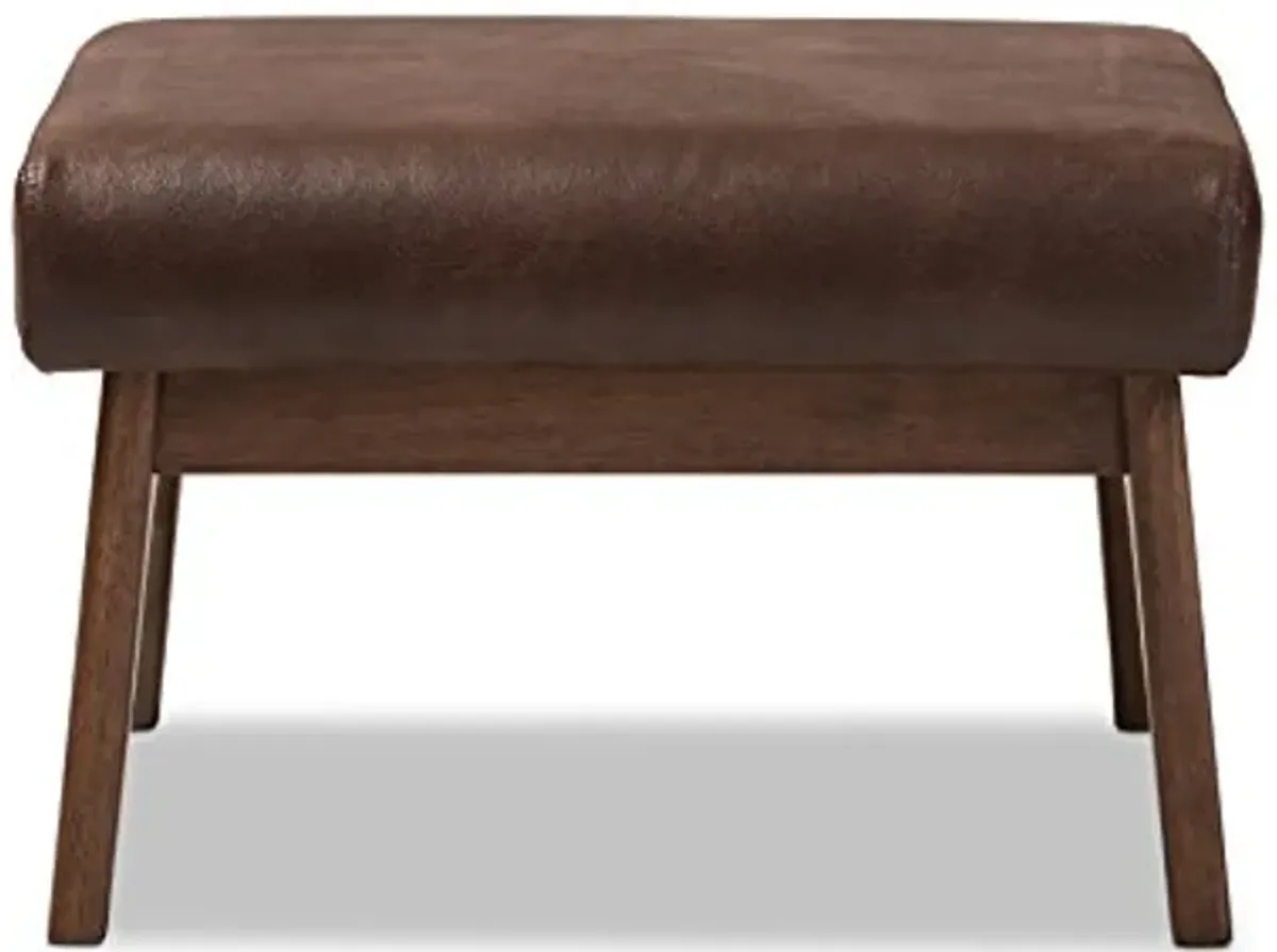 Baxton Studio Birk Mid-Century Modern Walnut Wood Dark Brown Distressed Faux Leather Ottoman