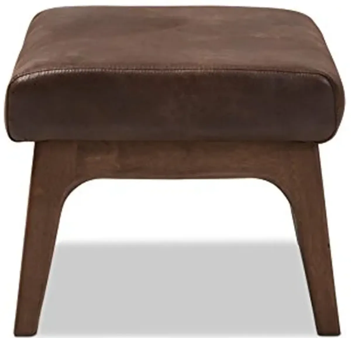 Baxton Studio Birk Mid-Century Modern Walnut Wood Dark Brown Distressed Faux Leather Ottoman