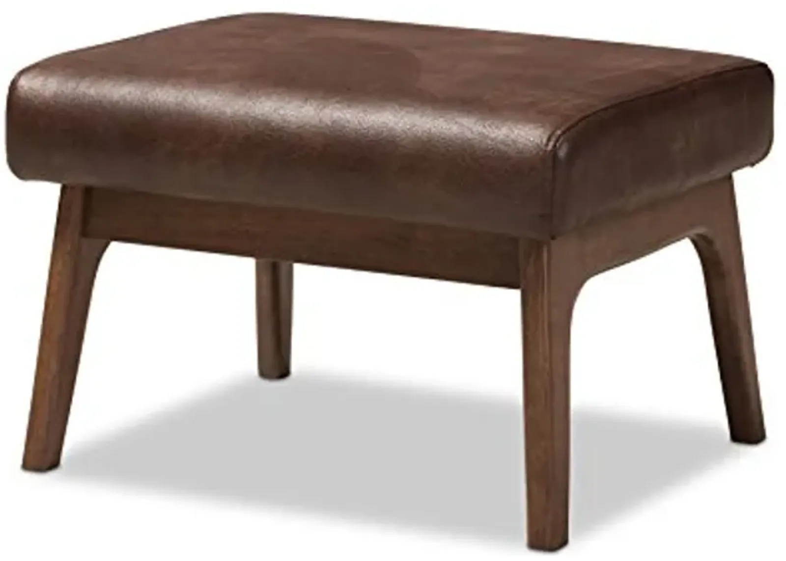 Baxton Studio Birk Mid-Century Modern Walnut Wood Dark Brown Distressed Faux Leather Ottoman