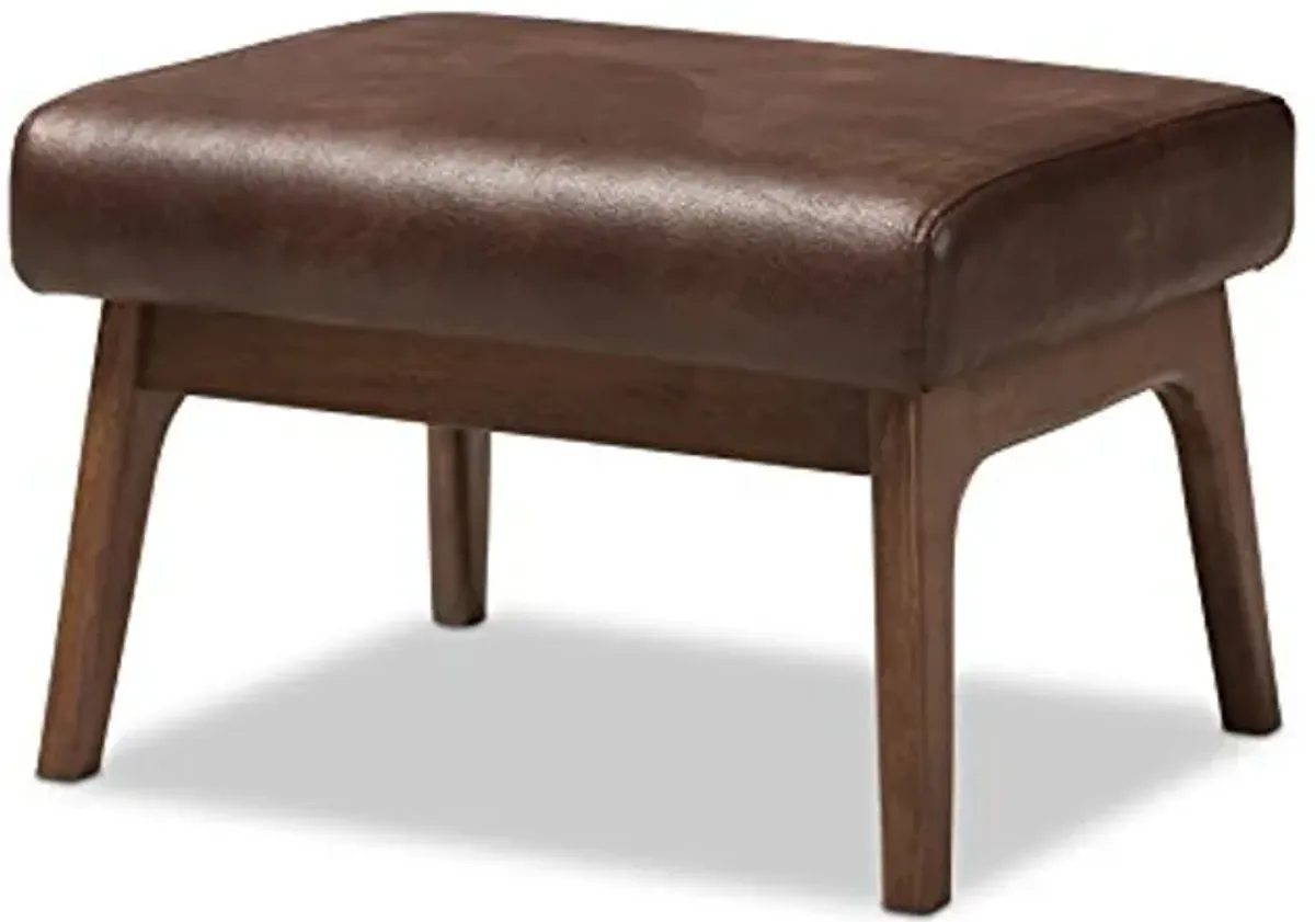 Baxton Studio Birk Mid-Century Modern Walnut Wood Dark Brown Distressed Faux Leather Ottoman