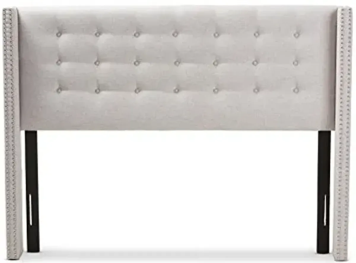 Baxton Studio Ginaro Modern and Contemporary Greyish Beige Fabric Button-Tufted Nail Head Queen Size Winged Headboard