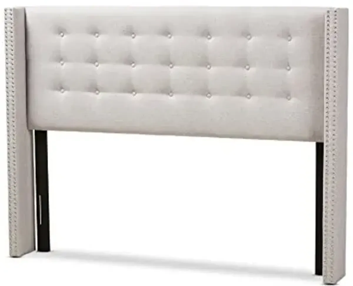 Baxton Studio Ginaro Modern and Contemporary Greyish Beige Fabric Button-Tufted Nail Head Queen Size Winged Headboard