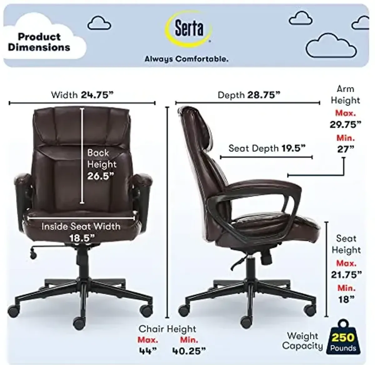 Serta® Hannah Executive Home Office Desk Chair, Ergonomic Mid-Back with Lumbar Support, Firm Seat Cushion, Layered Body Pillows, Padded Armrests, Swivel Base, Easy Assembly, Bonded Leather, Brown